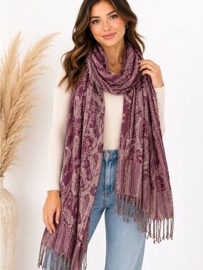 Boho Oversized Paisley Print Blanket Scarf | Plum & Cream